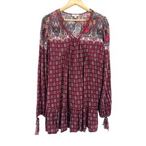 Umgee Burgundy Paisley Mixed Print Tassel Boho Babydoll Tunic Top L Peasant